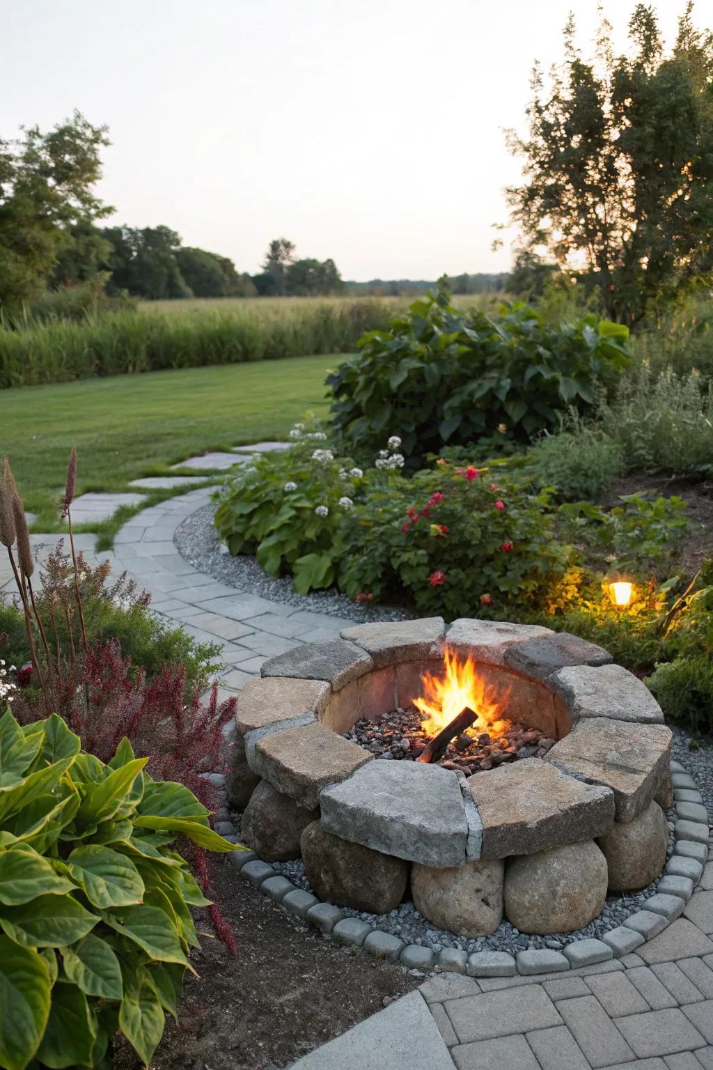 Natural stone borders add rustic charm to fire pits.