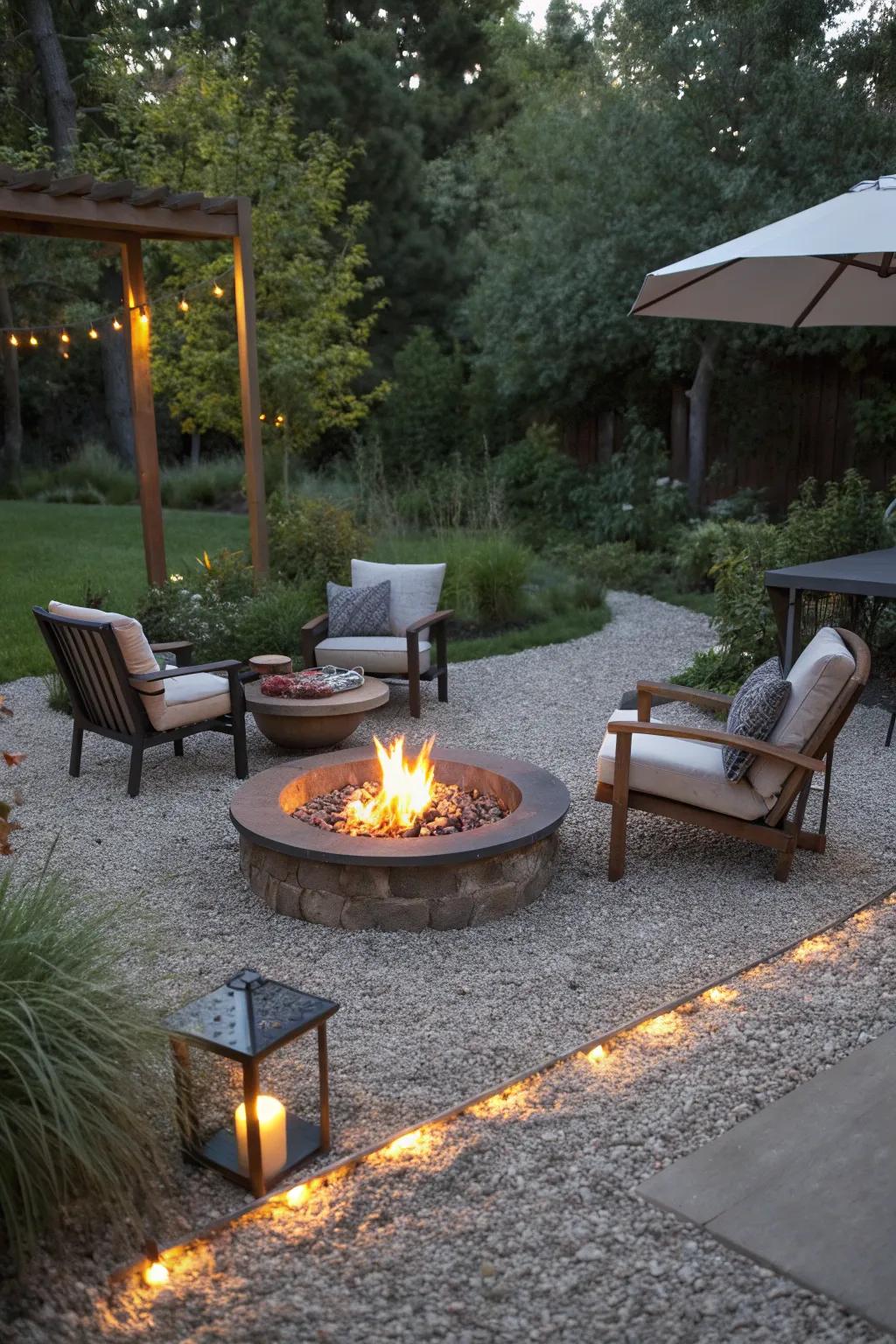 A warm and inviting fire pit setup on a pea gravel base.