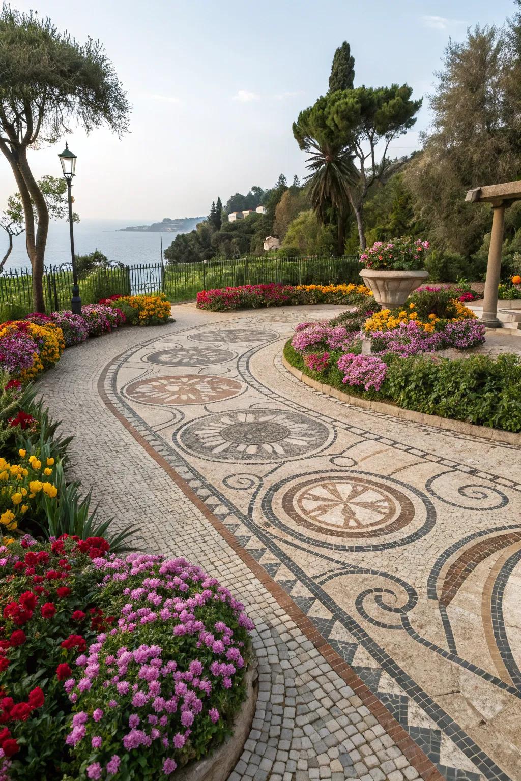 Intricate pebble mosaic patterns add artistic flair to the garden.