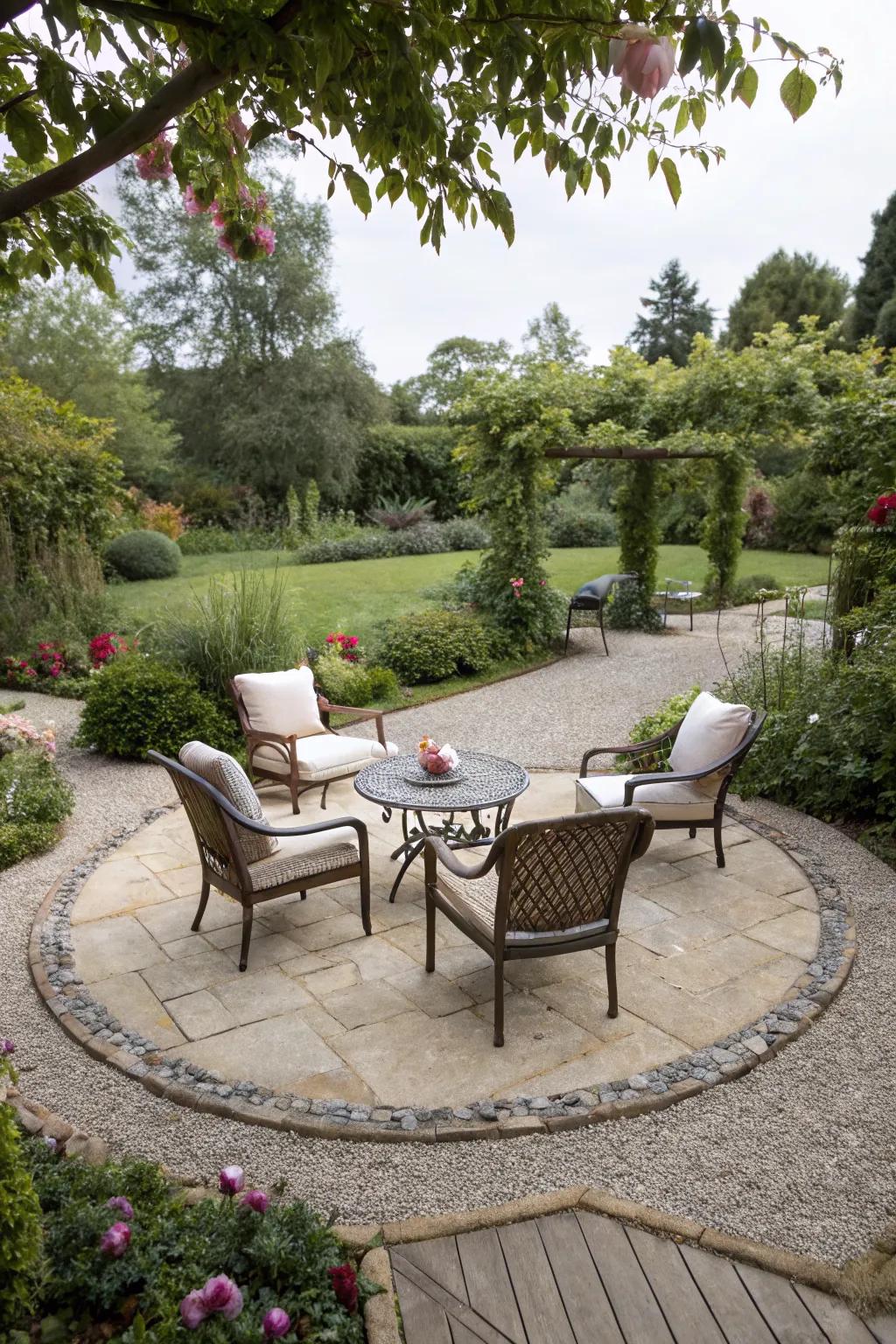 Curves add softness and charm to pebble patios.