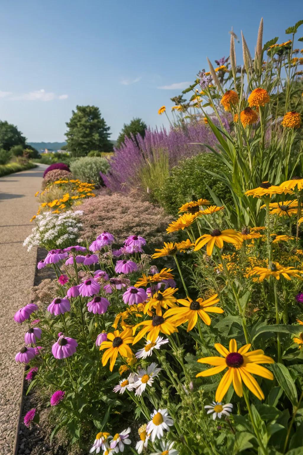 A colorful array of flowers brightens up this stunning garden bed.