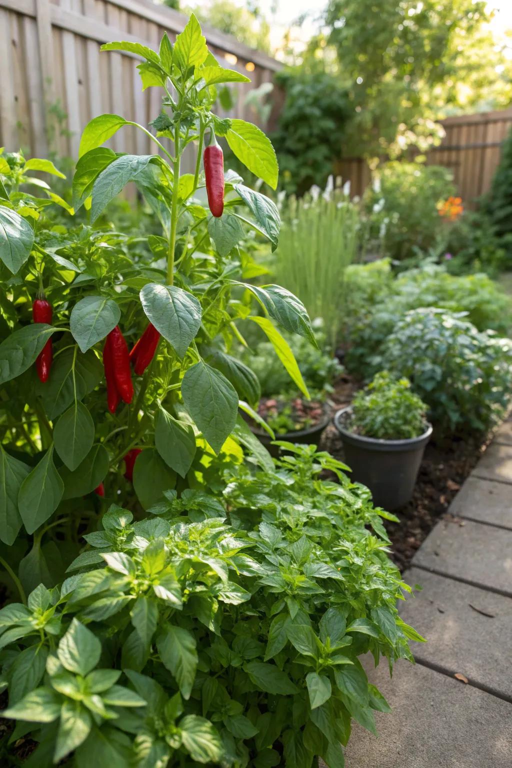 A thriving garden with peppers, basil, and cilantro growing harmoniously together.