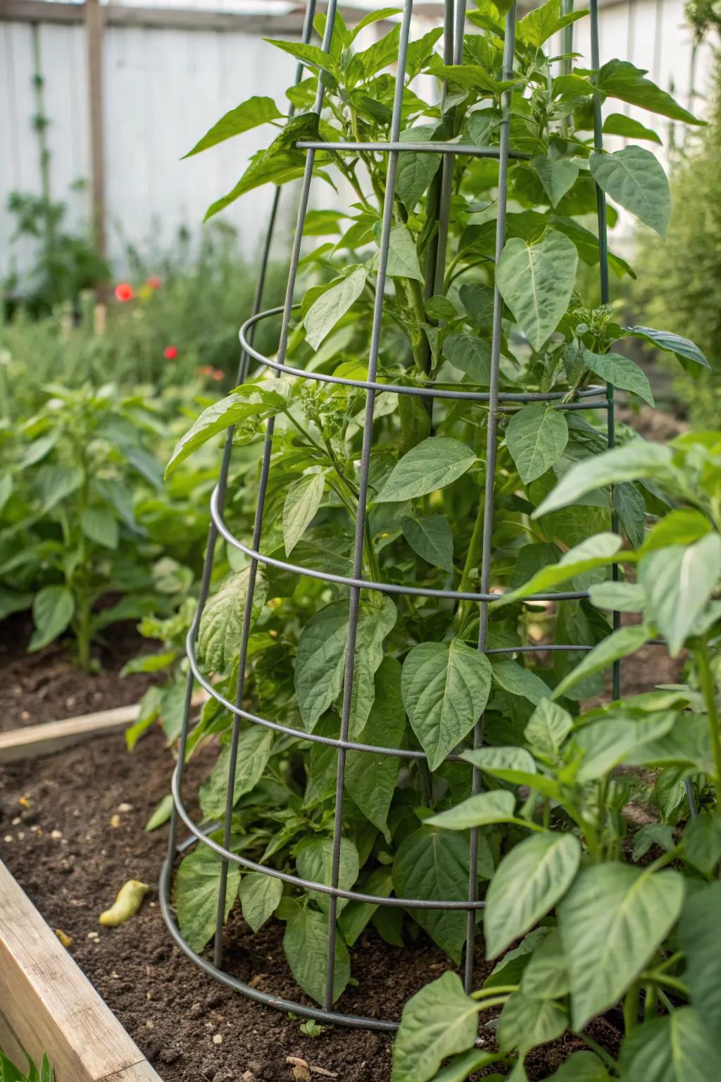 Repurposed tomato cages provide firm support for pepper plants.