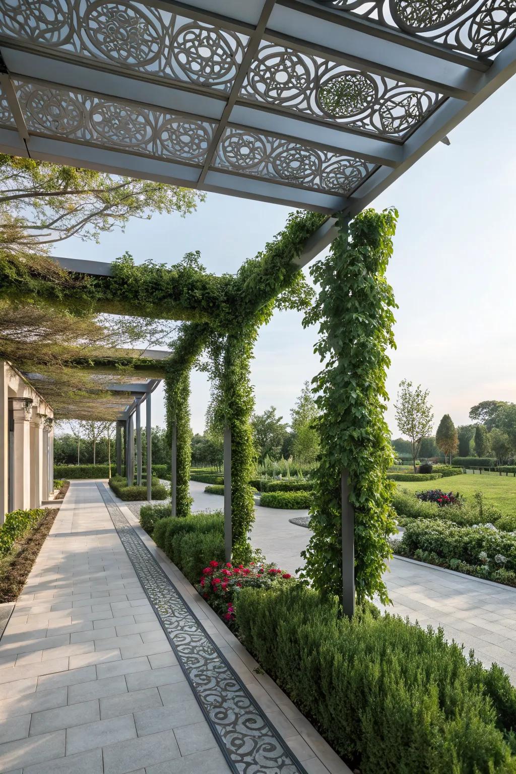 Artistic metal designs bring elegance to pergola ceilings.