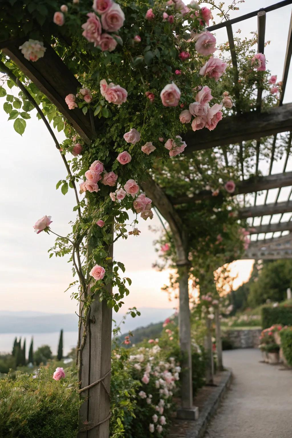 Embrace the romance with a pergola draped in climbing roses.