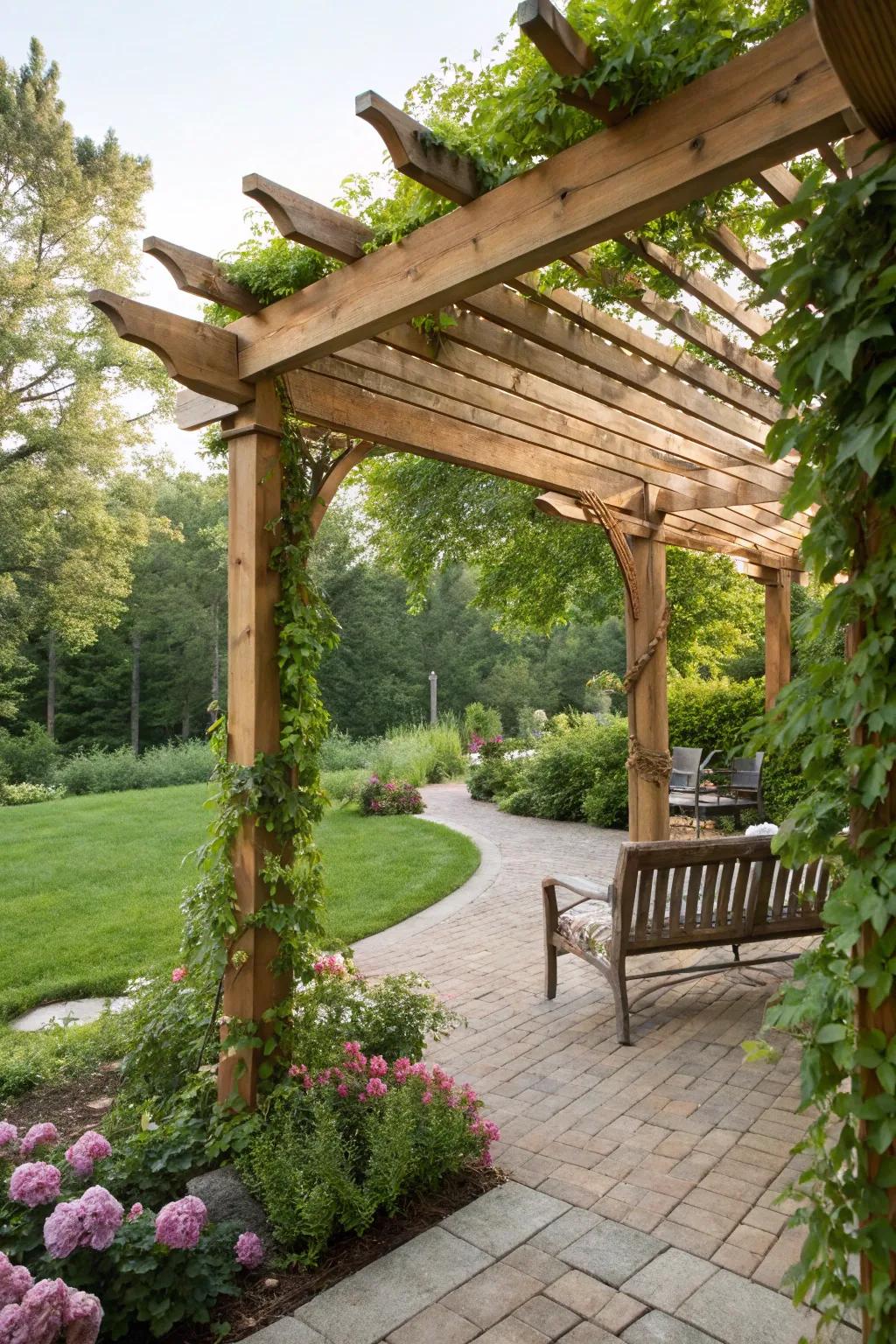 Natural wood tones provide a warm, organic look for your pergola.