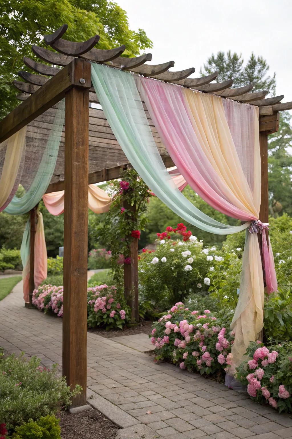 A vibrant fabric canopy adds charm and shade.