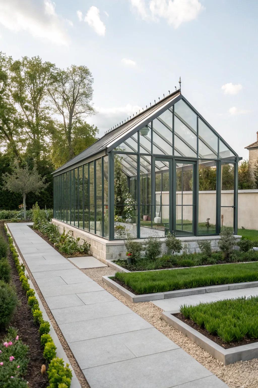 A modern glass pergola greenhouse, offering a minimalistic and sunlit space.