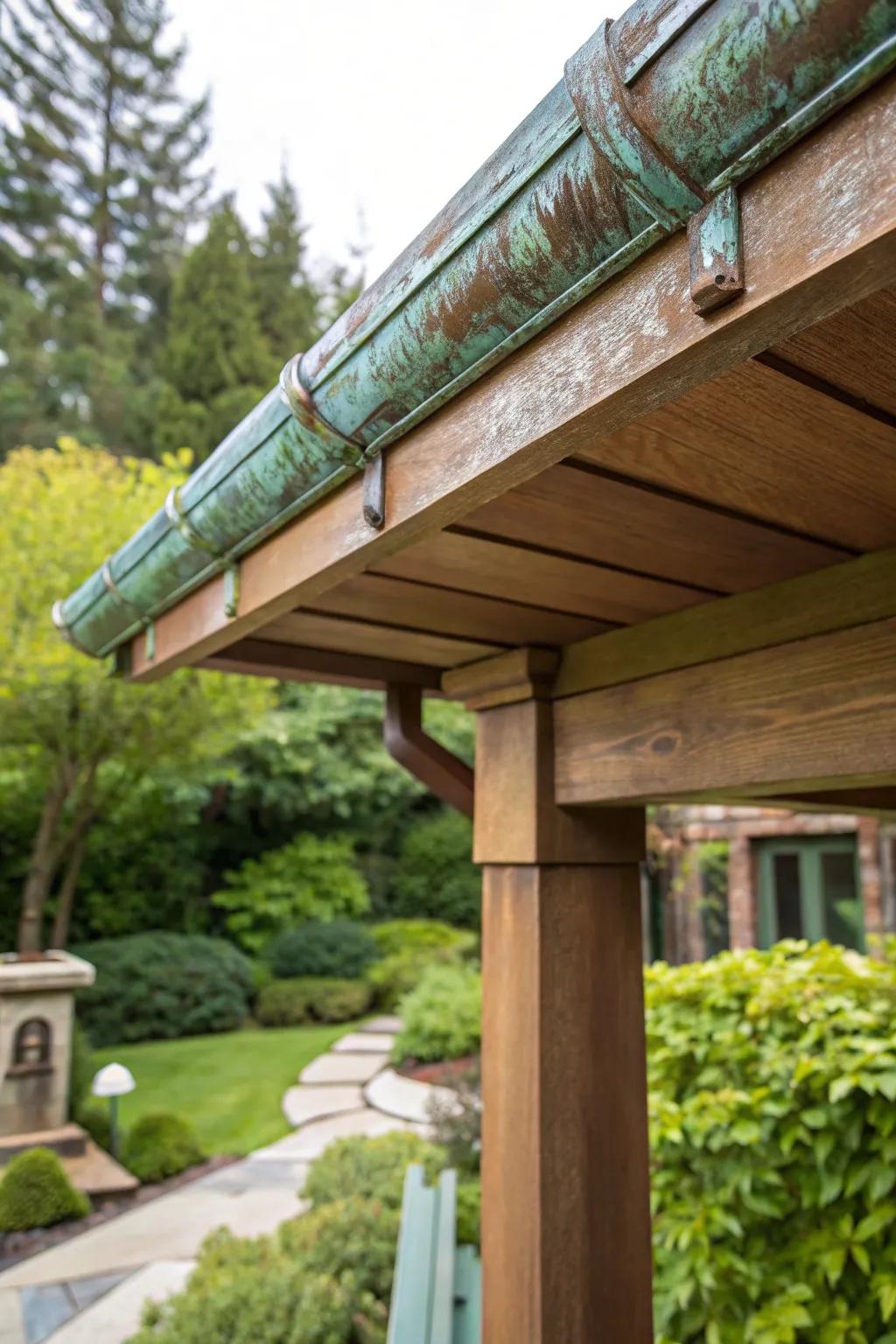 Copper gutters add timeless elegance to any pergola.