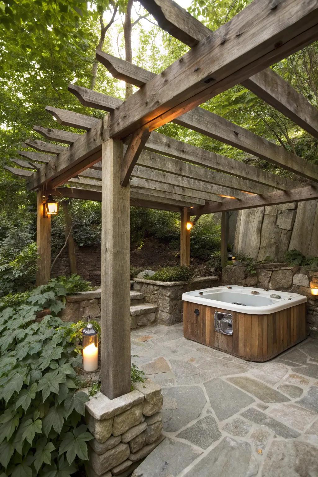 A cozy rustic pergola with natural wood beams over a hot tub.