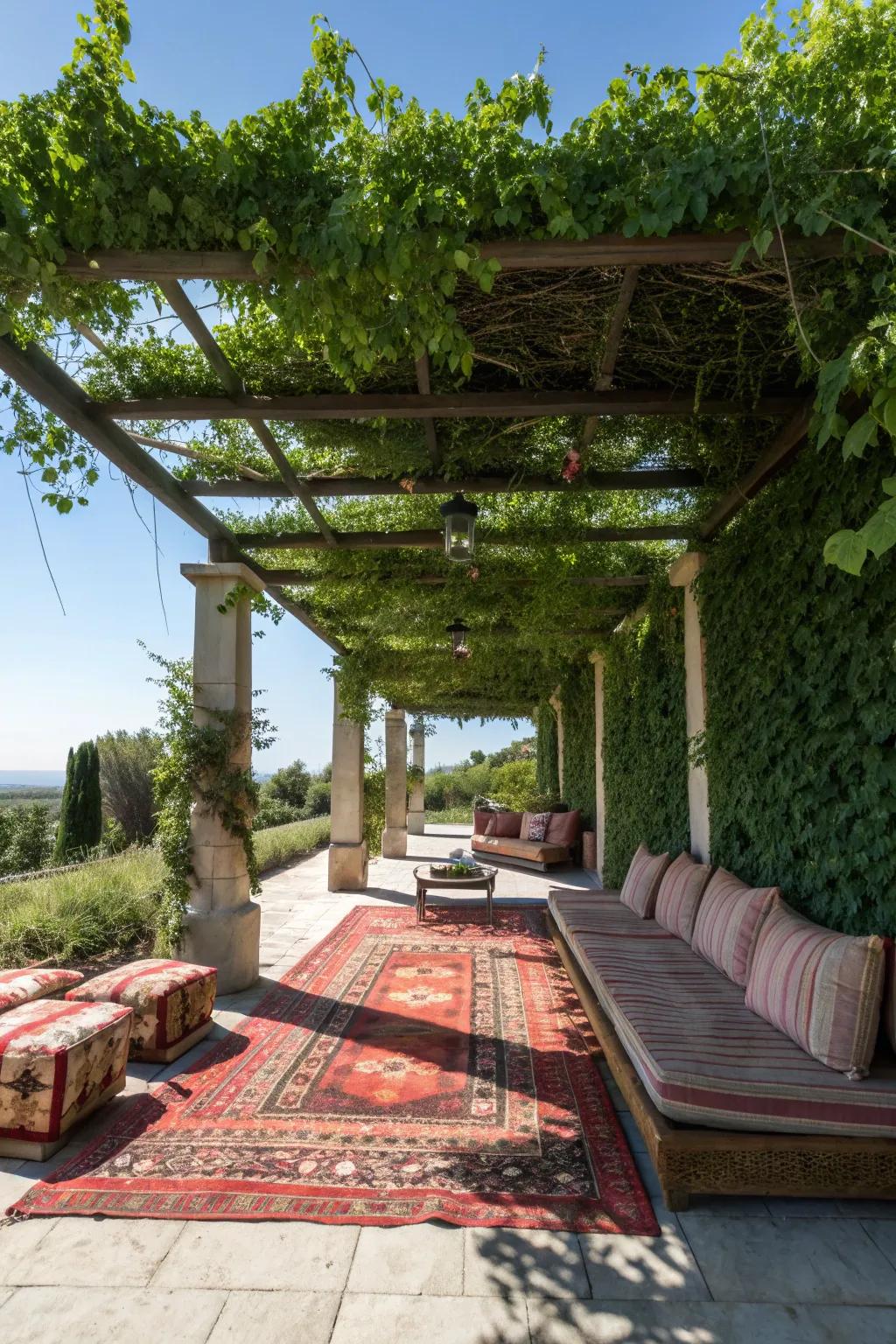 Create an inviting outdoor living room under your pergola.