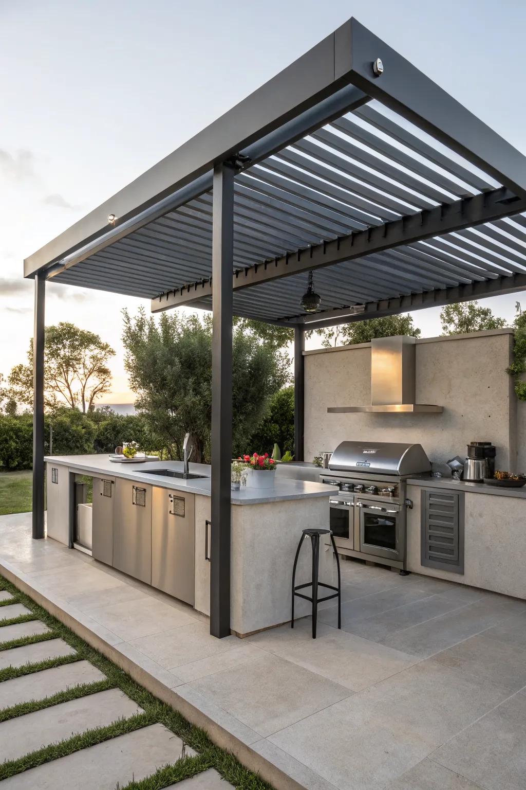 Minimalist metal pergolas provide modern sophistication.