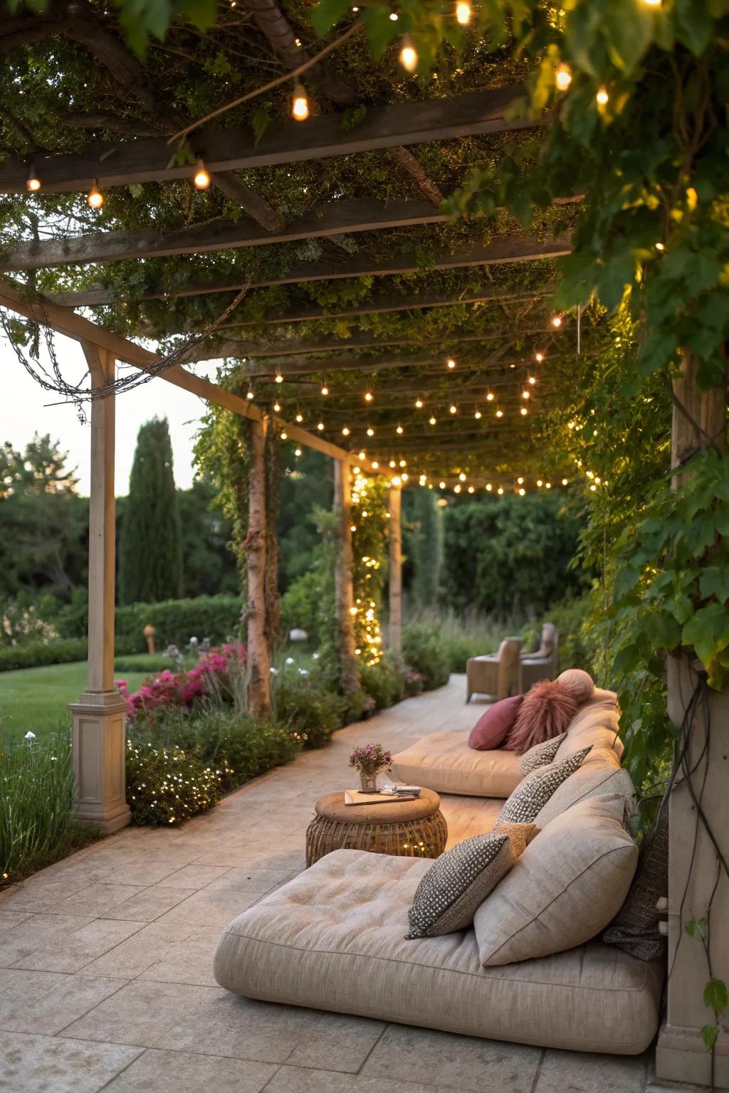 A cozy pergola seating area perfect for starry evenings.