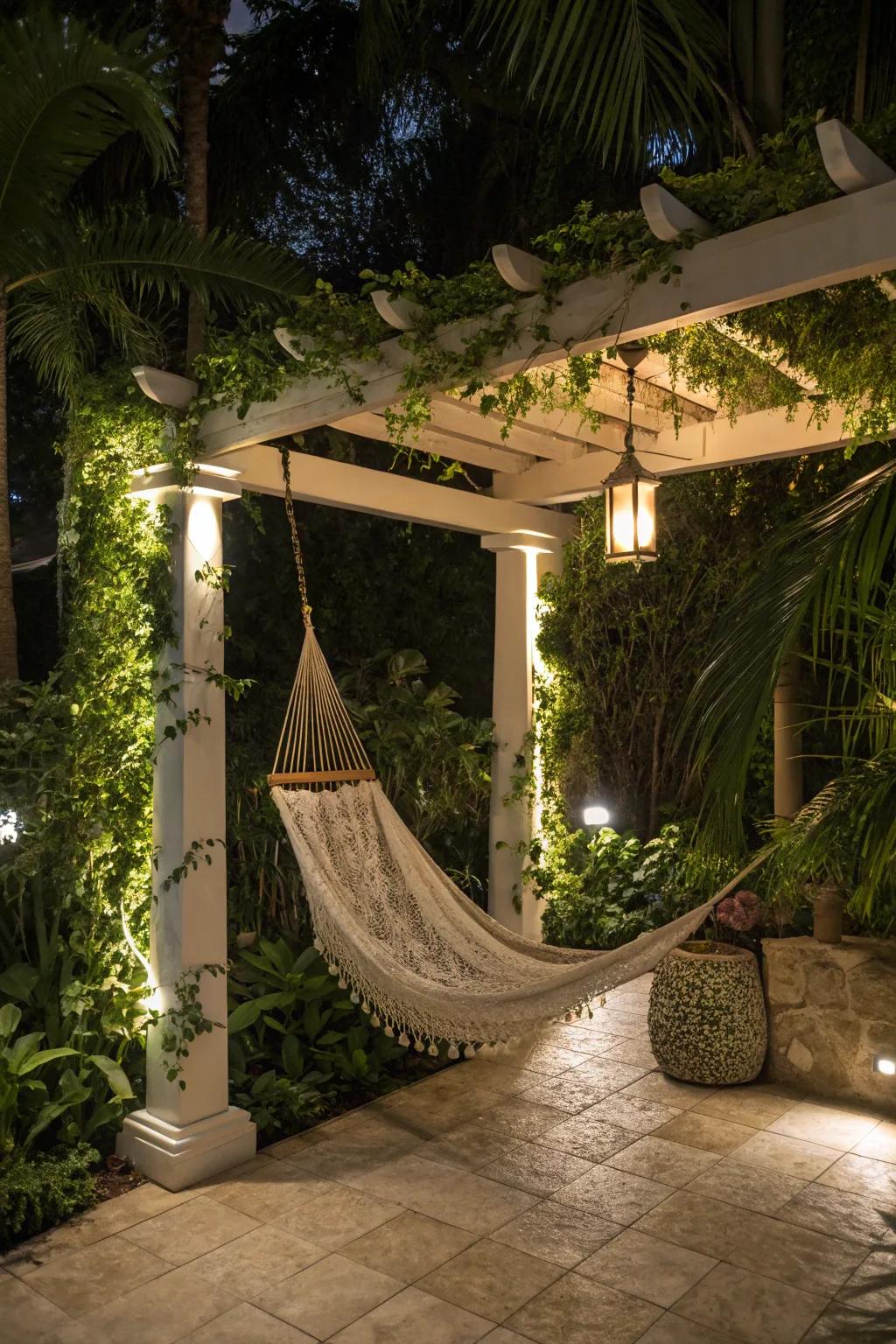 A hammock brings a relaxed, vacation feel to a backyard pergola.