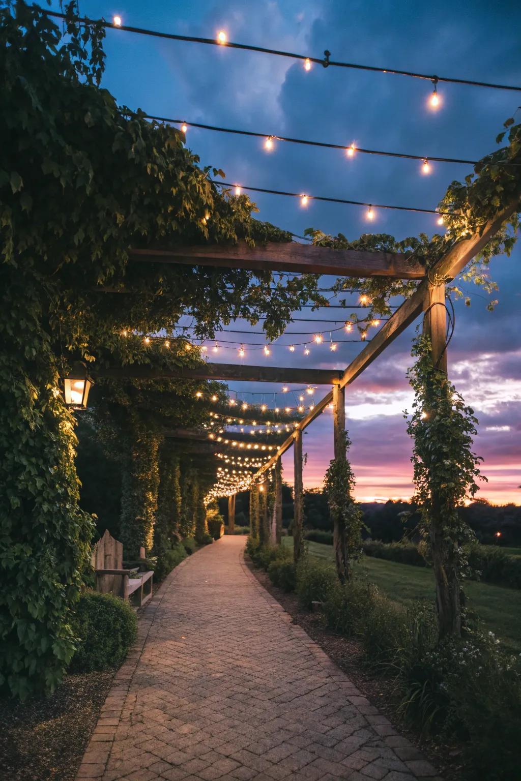 A pergola walkway glowing with the charm of string lights.