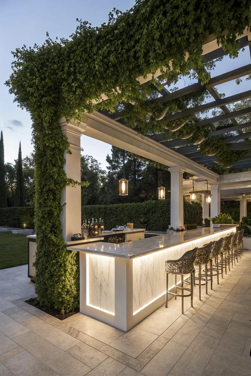 A seamless built-in bar that complements the pergola's design.