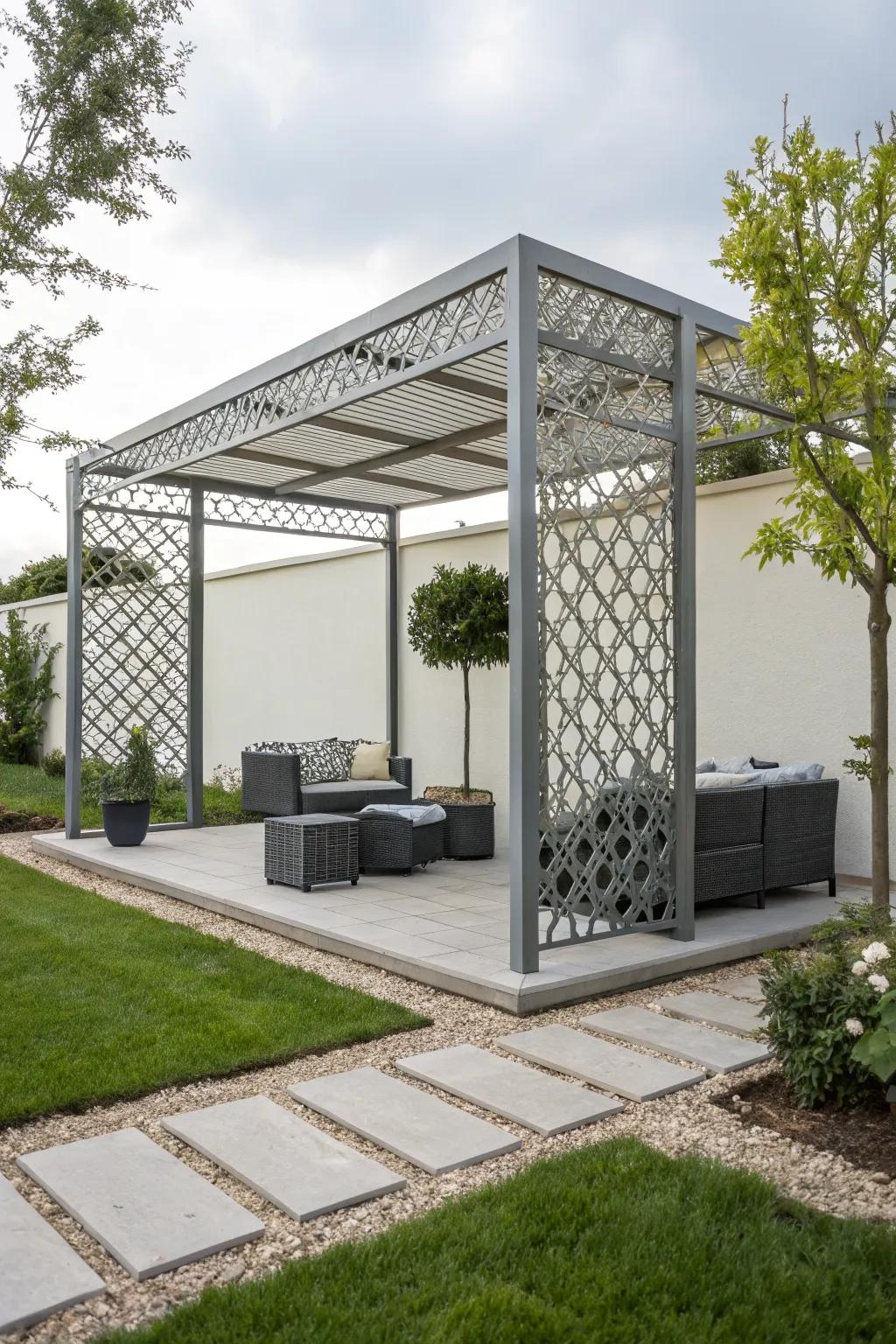 A modern metal pergola adds a sleek touch to any garden.