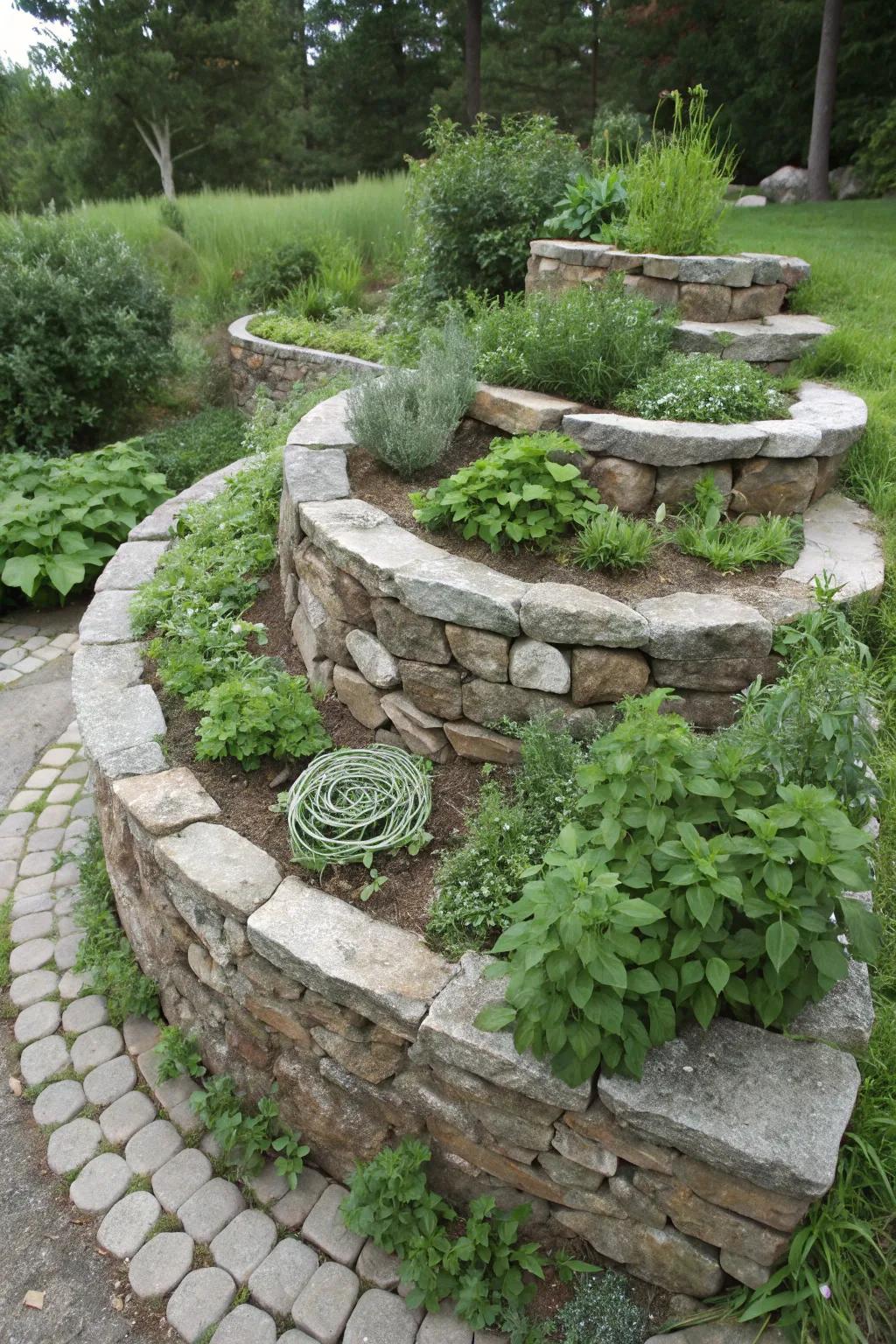 An aesthetically pleasing herb spiral brimming with fresh herbs.