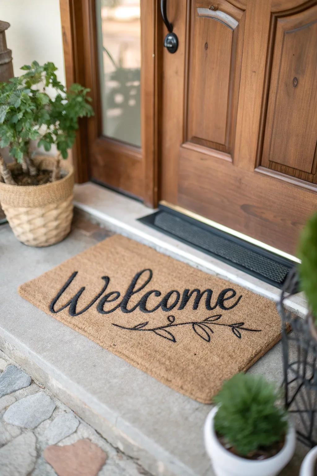 A door mat with a warm welcome message to greet visitors.