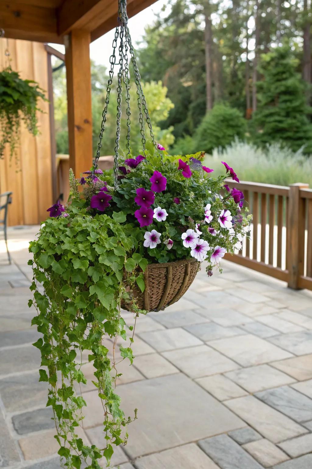Petunias paired with trailing ivy create a naturally elegant look.
