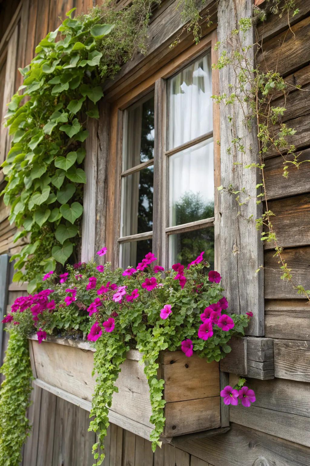 Petunias with trailing vines create a lush, cascading effect.
