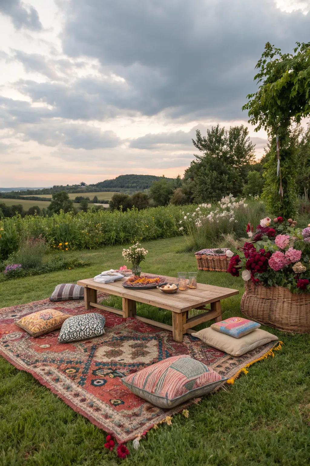 Bohemian charm with layered rugs and a low table.