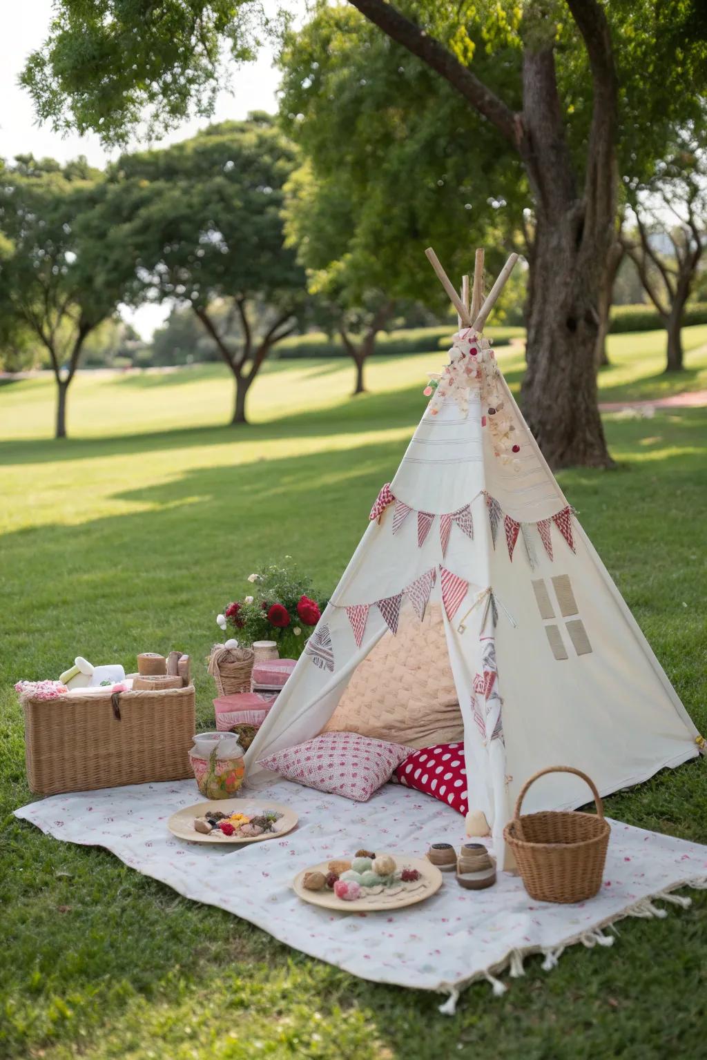 A charming teepee adds a whimsical touch to any picnic party.