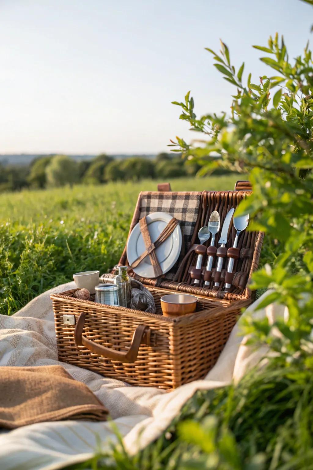 A wicker basket adds rustic charm while keeping your picnic essentials organized.