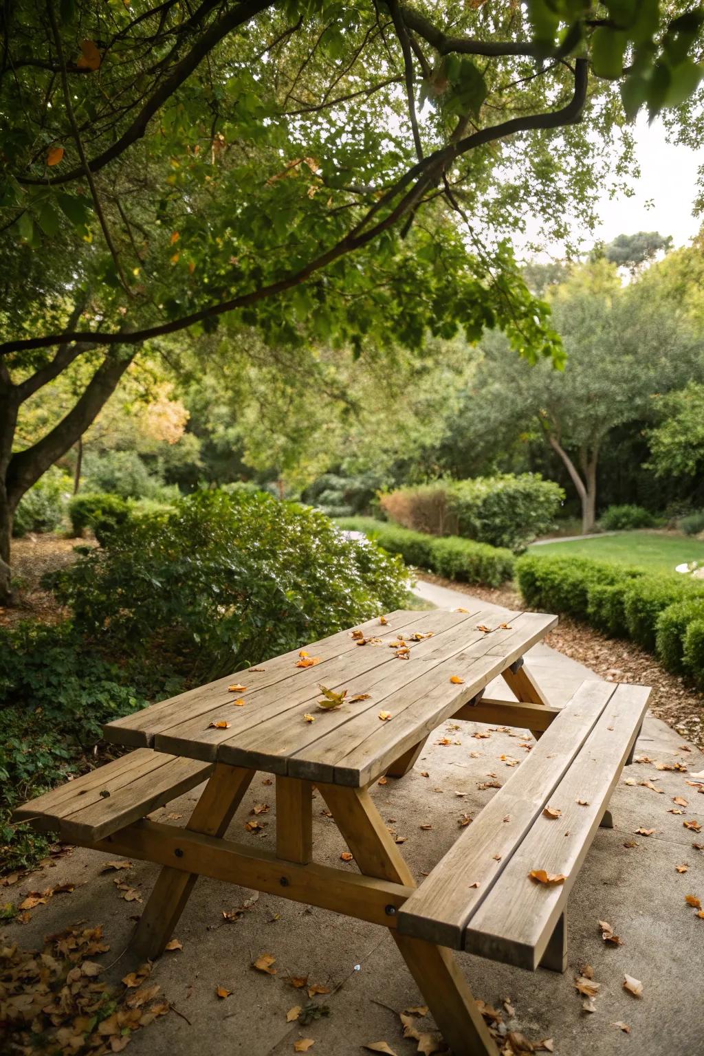A picnic table with a natural wood finish beautifully complements a green landscape.