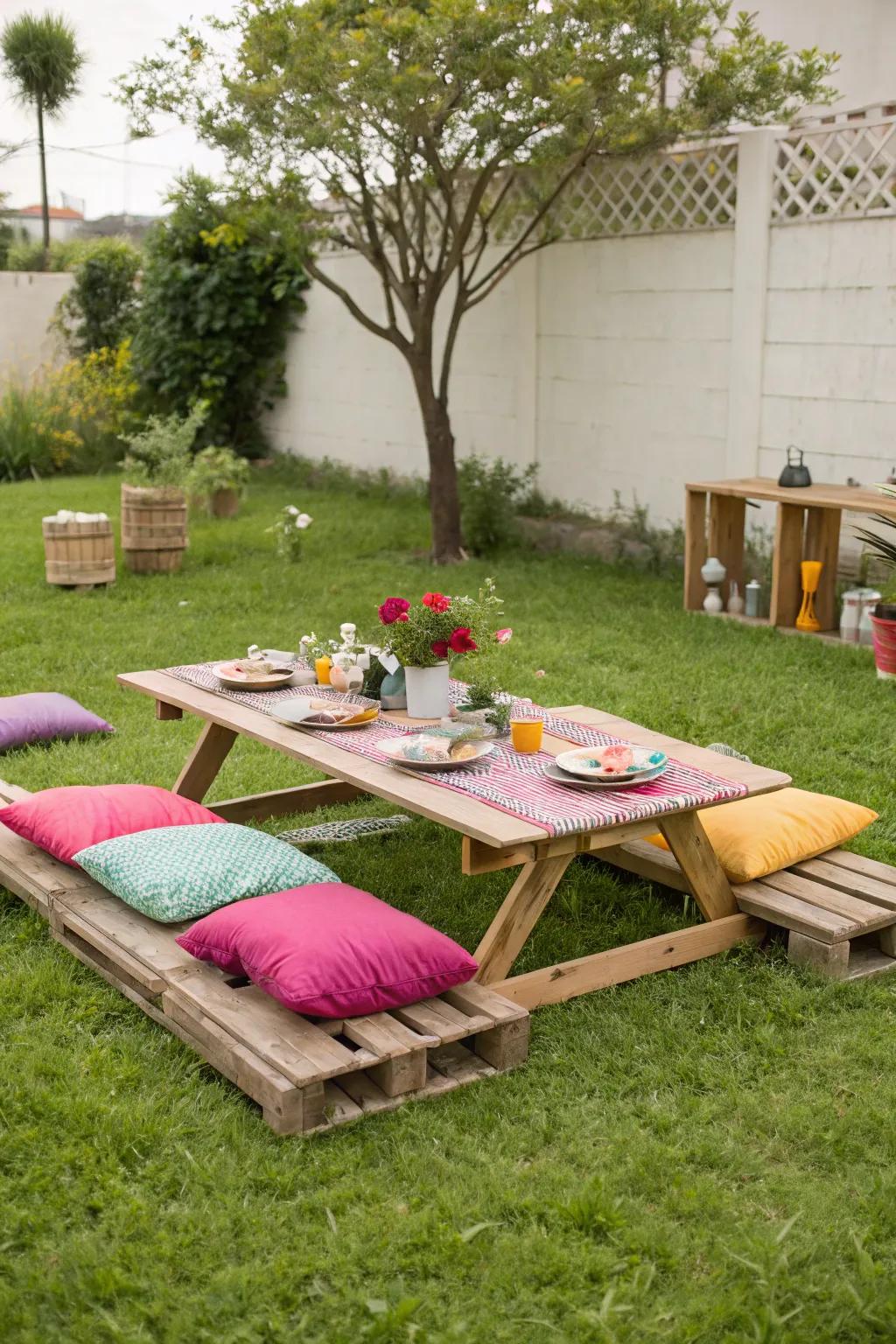 A low picnic table with vibrant cushions, inviting you to unwind.
