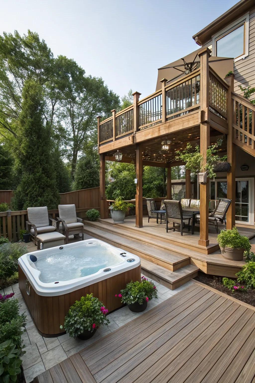 A multi-level deck with a hot tub offers distinct zones for relaxation.
