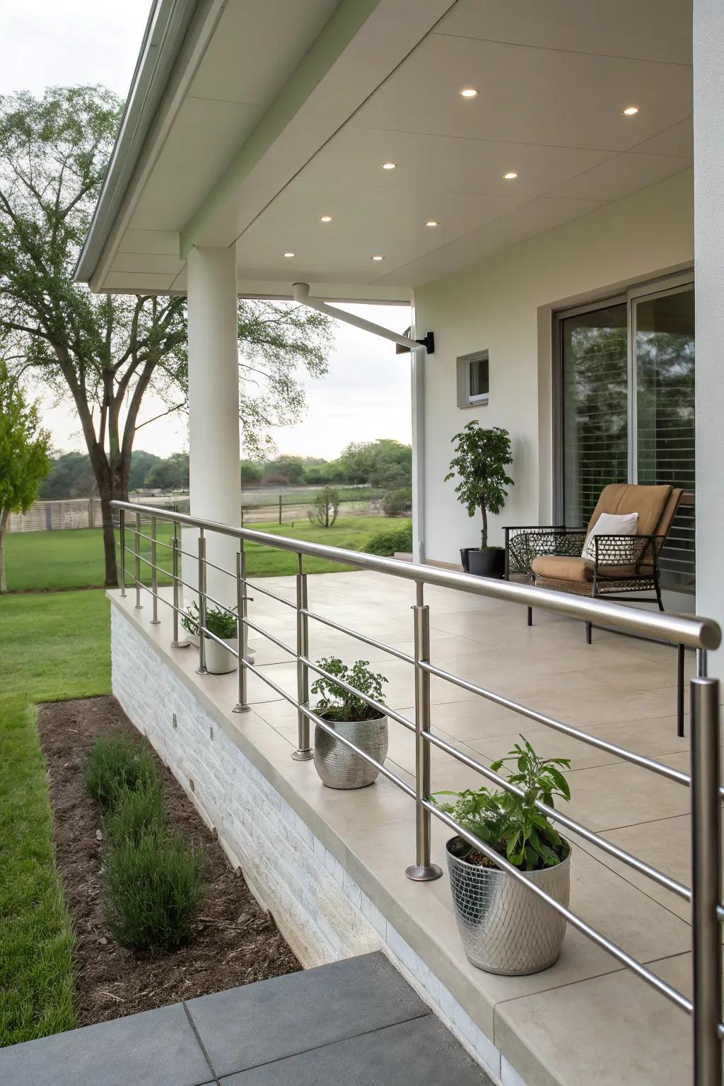 Modern metal railings offer a sleek and sophisticated porch upgrade.