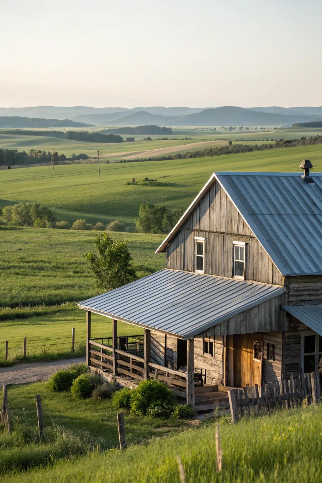 A rustic farmhouse showcasing the charm of a corrugated metal roof in a rural setting.