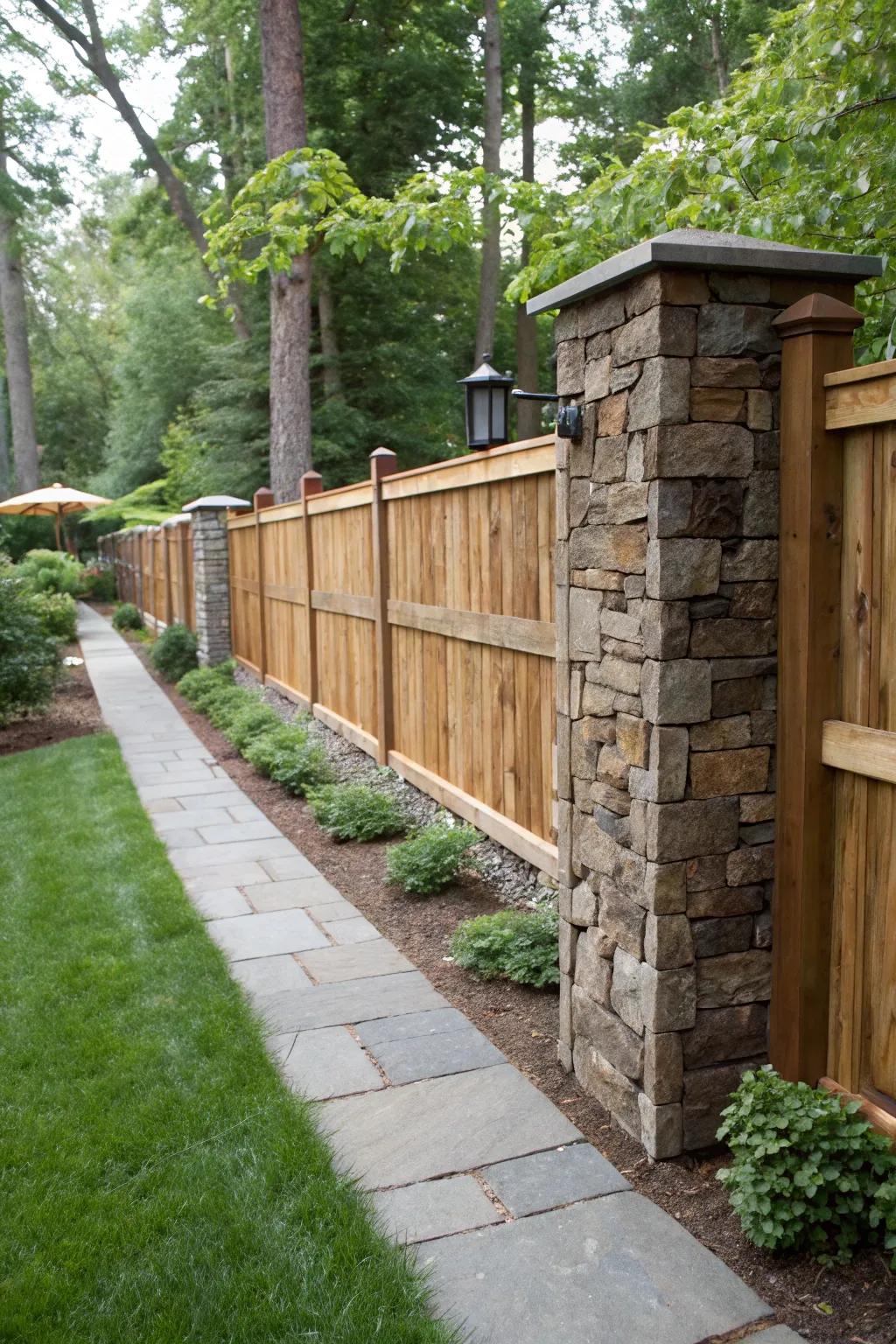 Rustic charm with a stone and wood privacy fence.
