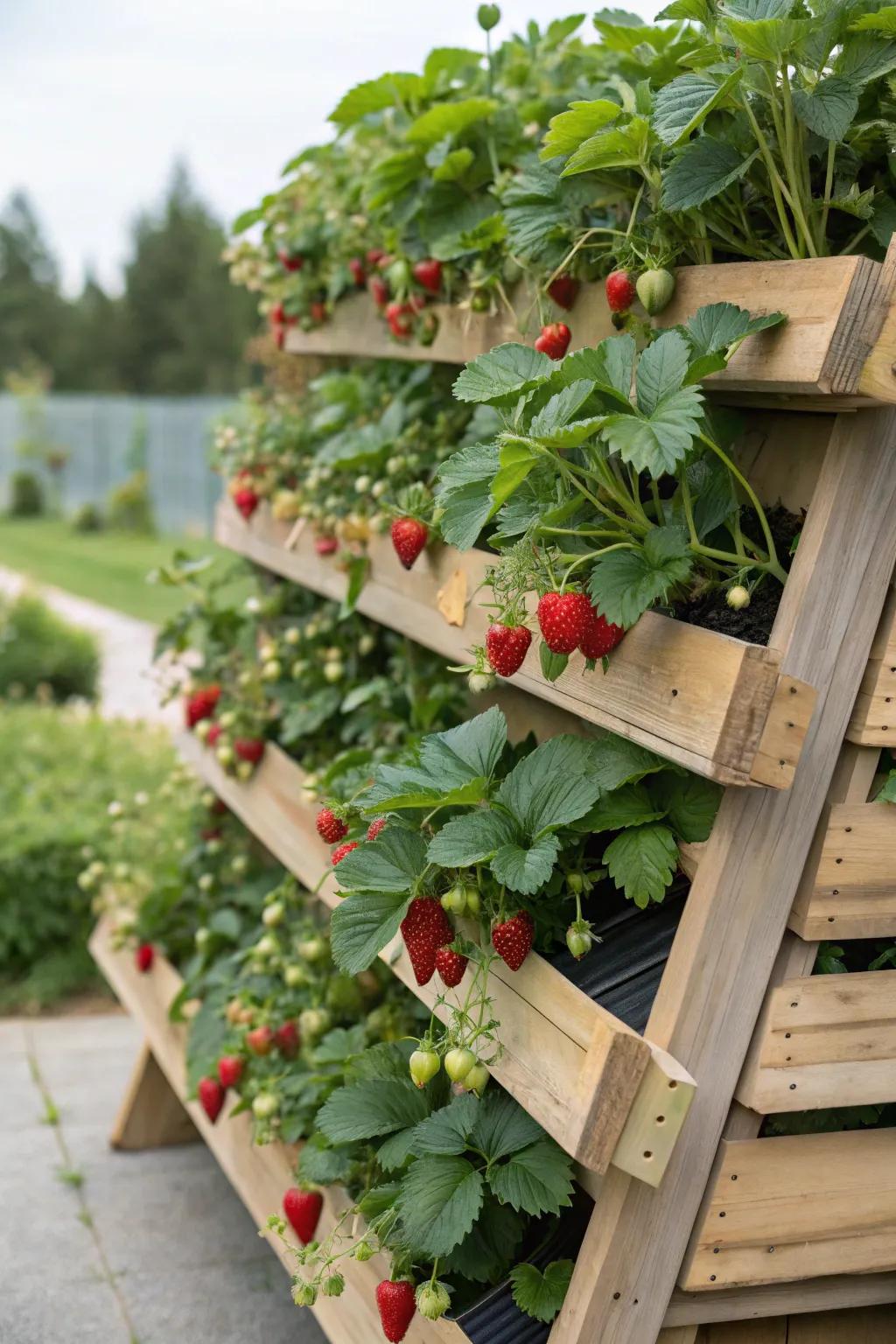 A tiered planter showcasing cascading strawberry plants.