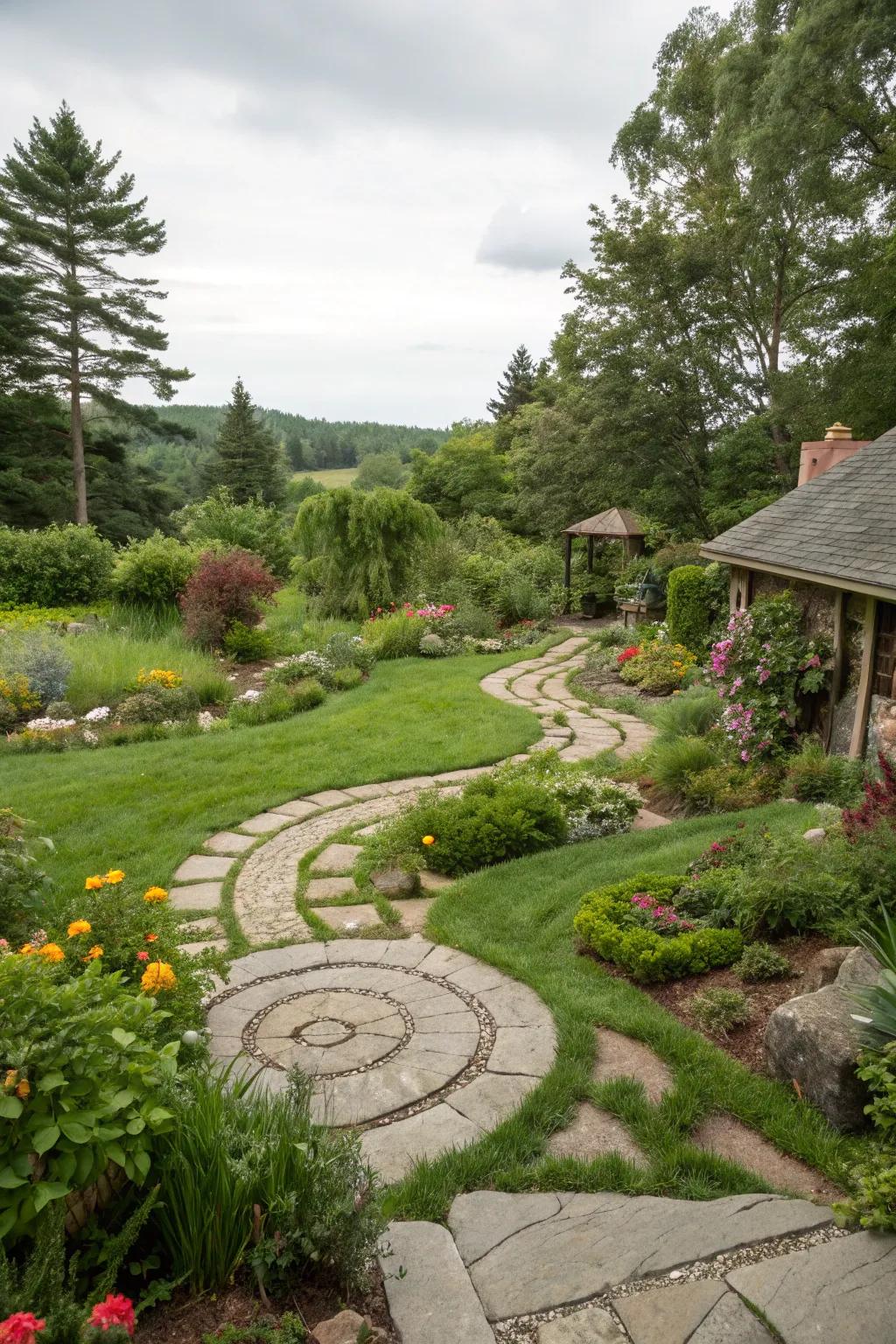 Winding pathways enhance the charm and accessibility of a pie-shaped backyard.