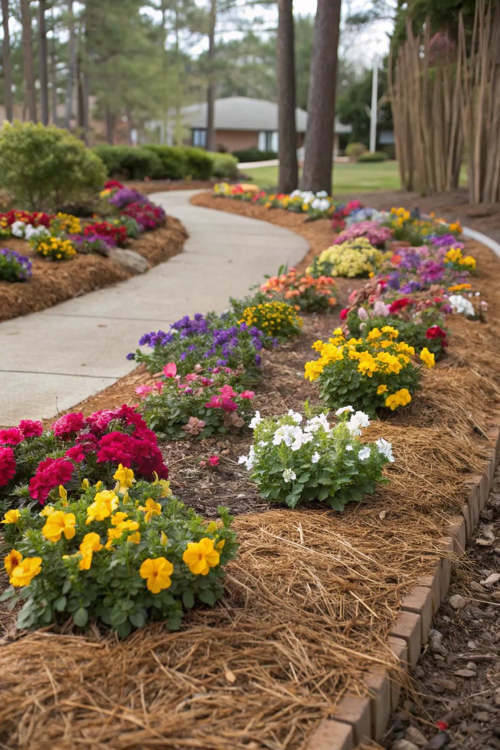 Pine straw mulch enhances these vibrant flower beds beautifully.