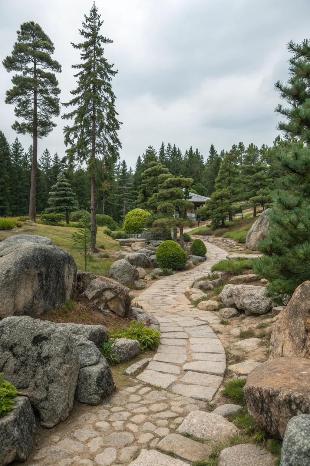 Rustic charm with pine trees and stone pathways.