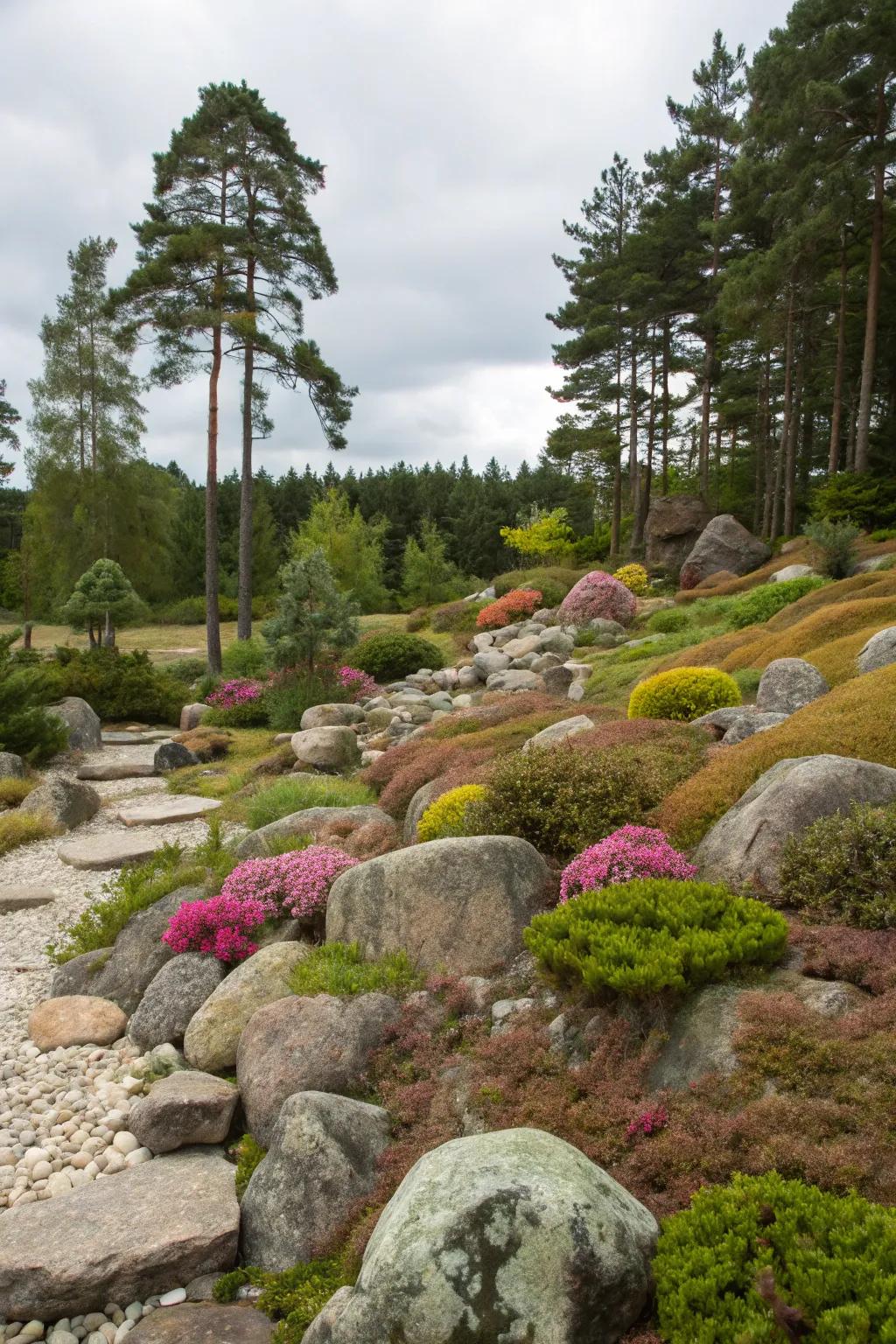 Rock gardens with pine trees offer a beautiful blend of textures.
