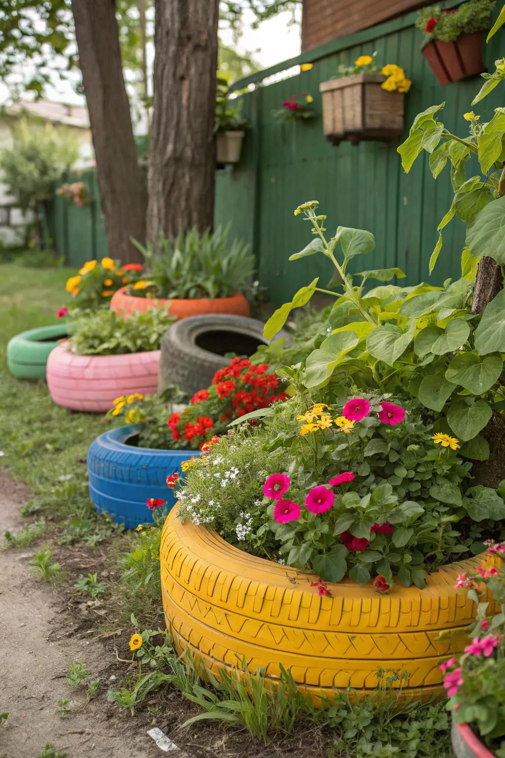Repurposed tire planters bring color and sustainability to your garden.