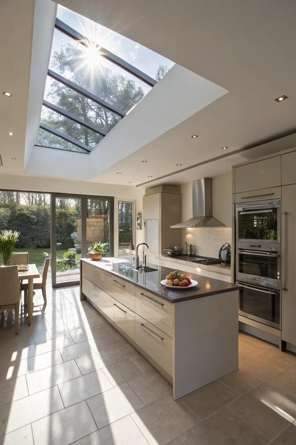 A kitchen island glowing under the natural light of a pitched roof skylight.