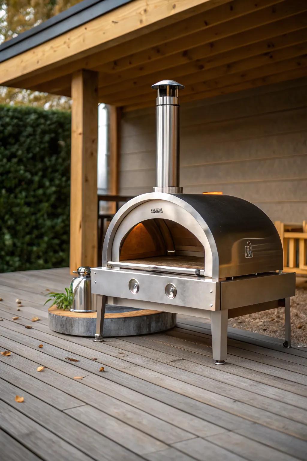 A sleek, modern pizza oven that complements a minimalist outdoor space.