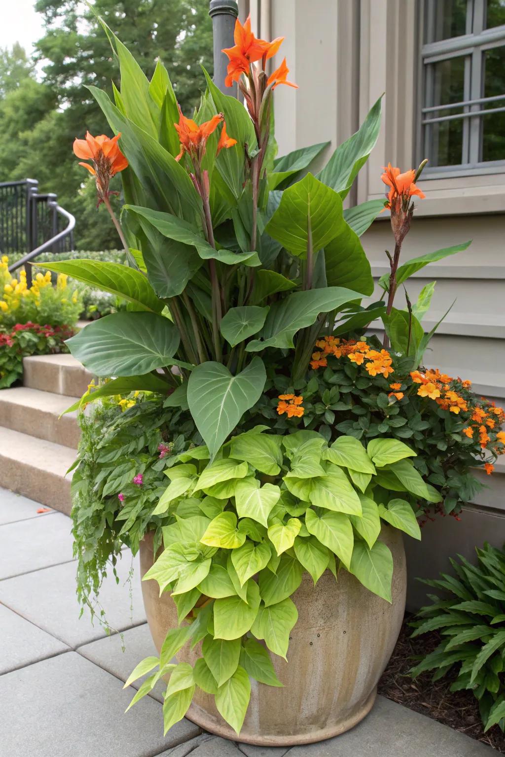 A tropical oasis with towering canna lilies and cascading sweet potato vine.