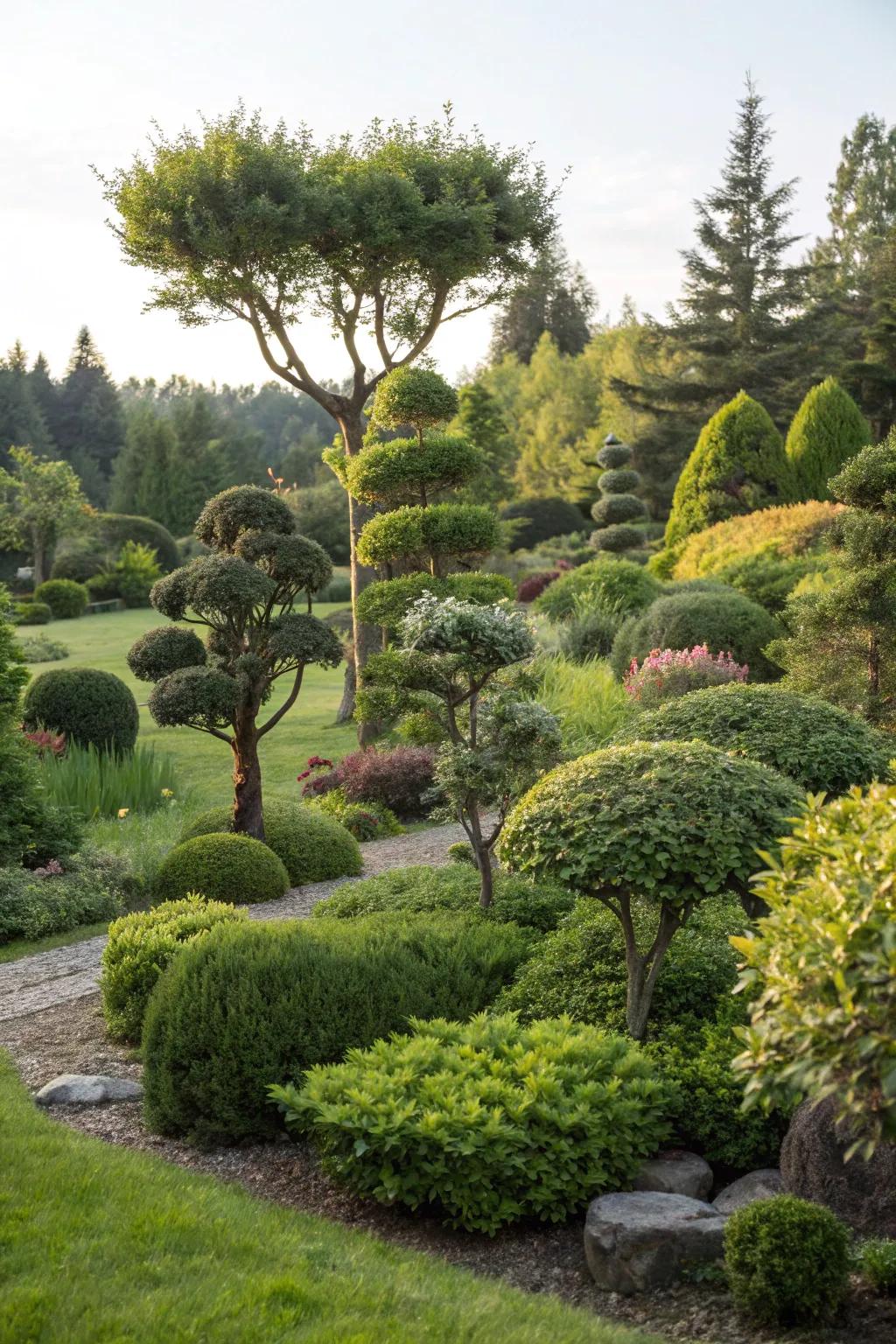 Layered shrubs and trees creating depth.