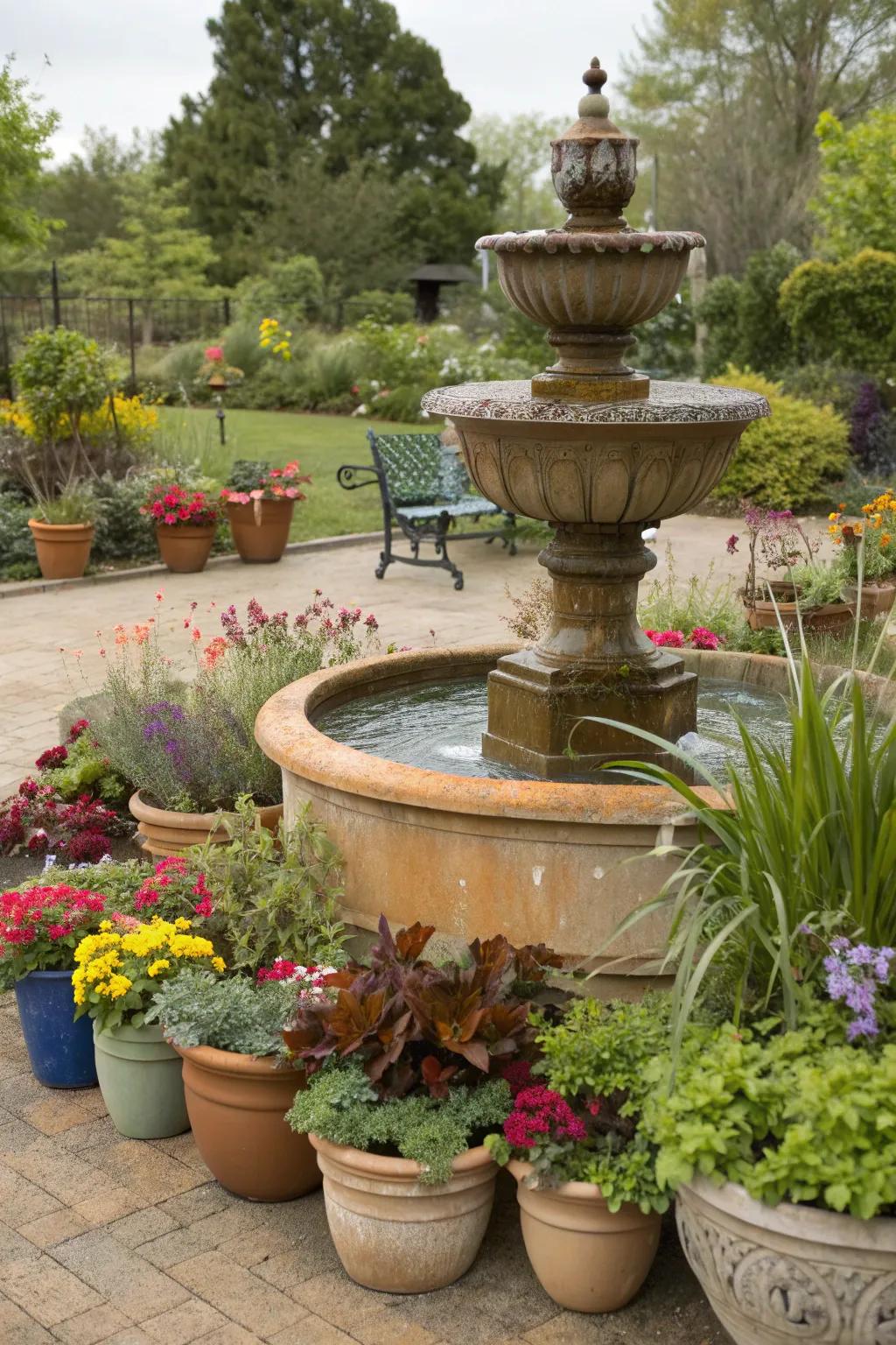 Potted plants add versatility and color to fountain settings.