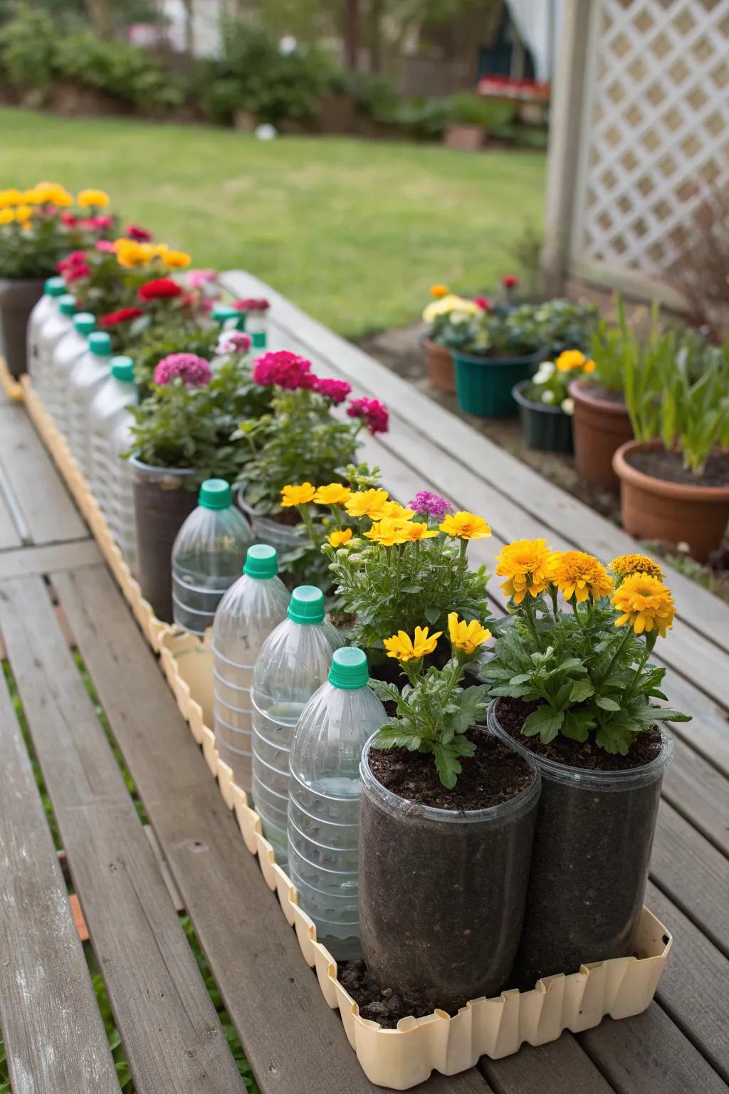 Upcycled plastic bottles make charming planters.