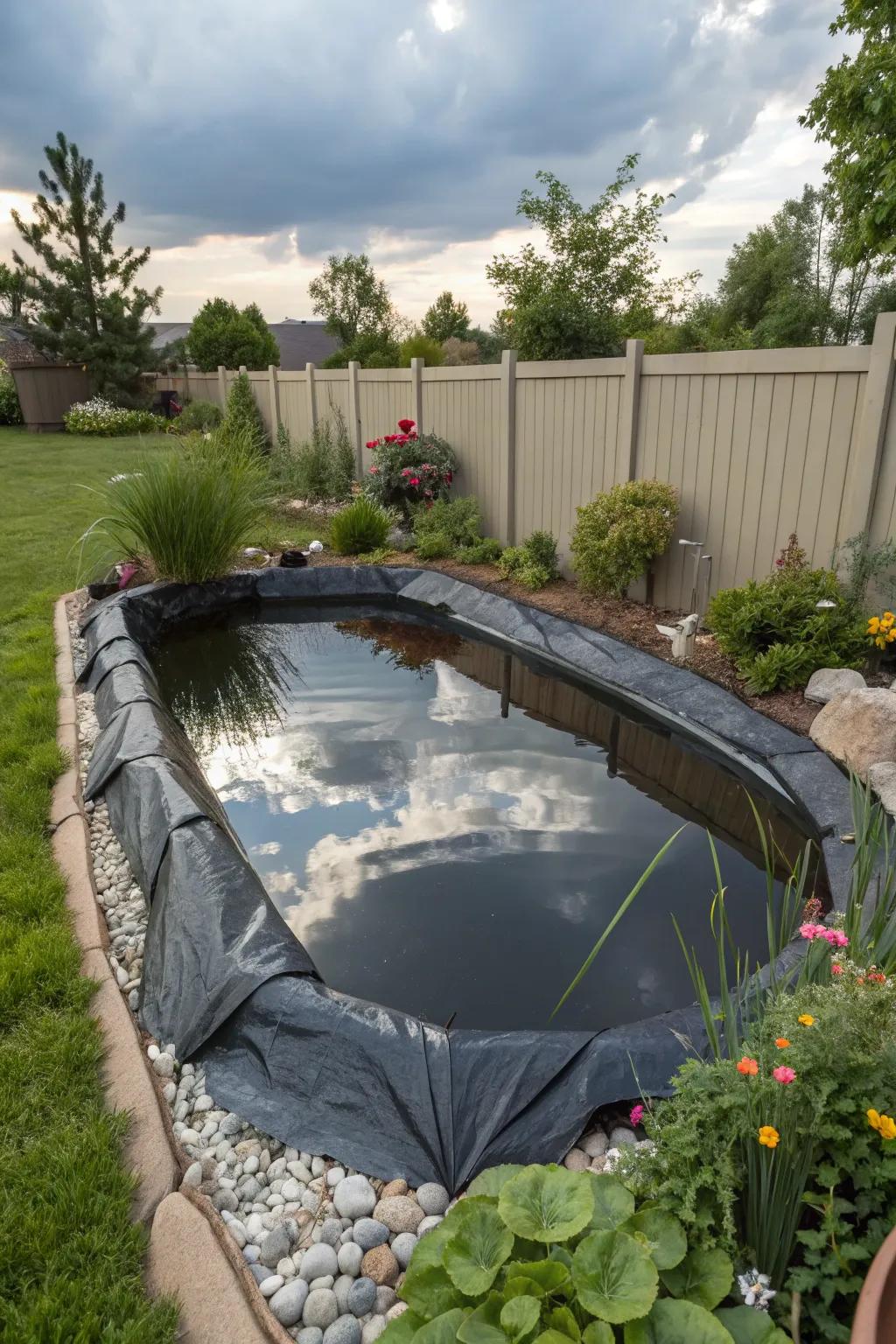 Preformed plastic pond liner, ready for installation in a backyard garden.