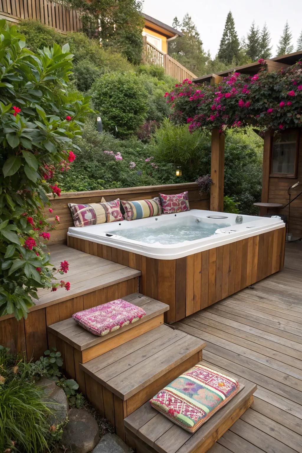 Built-in seating transforms your hot tub area into a social hub.