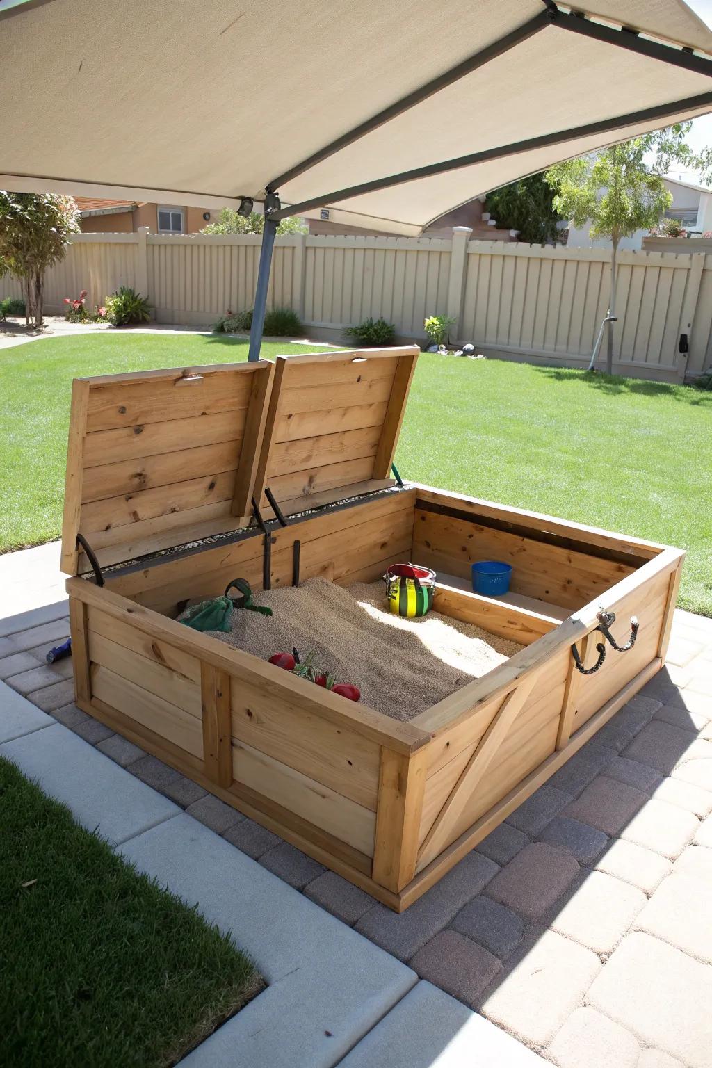 A hinged lid that transforms into bench seating—storage, shade, and style in one.