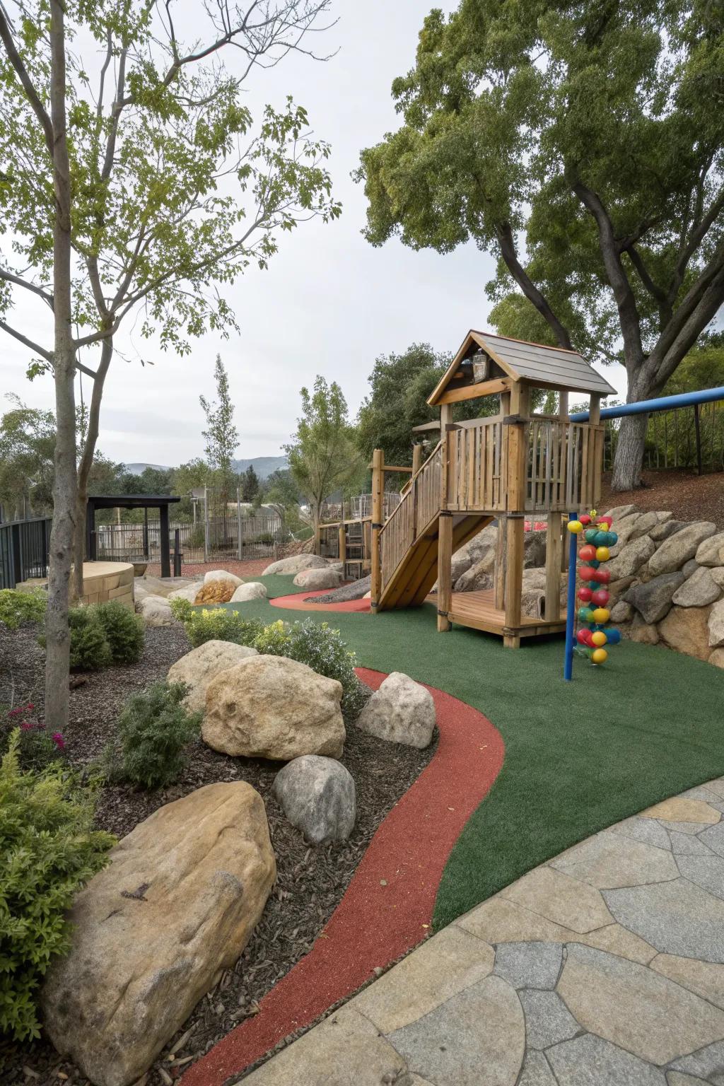 Natural elements blend seamlessly with synthetic turf for an exploratory play space.